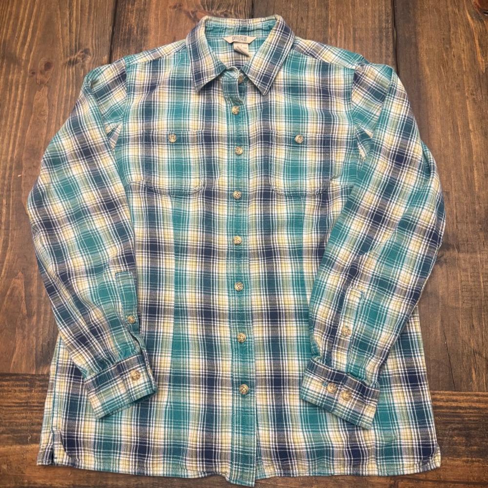 Duluth Trading Co Womens Medium Teal Blue Plaid Cotton Flannel Button Down Shirt